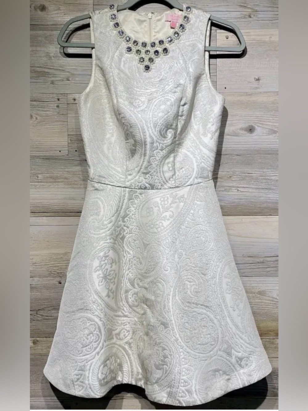 Ted Baker esttah Ivory Paisley Midi Dress Jeweled Pearl Neckline 2 us 4-6